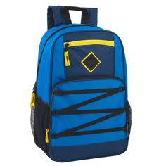 a blue and black backpack with yellow details on the front, two zippers at the bottom