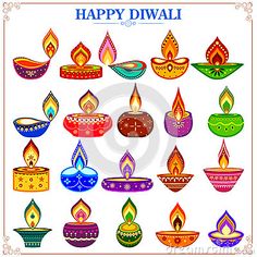 happy diwali greeting card with colorful candles on white background royalty photo - illustration