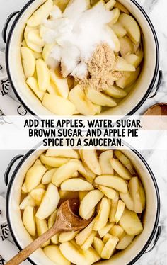 two pictures showing how to make apple slices in the same pot and then cooking them