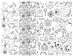 halloween doodles are arranged in the shape of a square, with black and white images