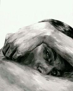 a black and white drawing of a person laying down with their head on his hands