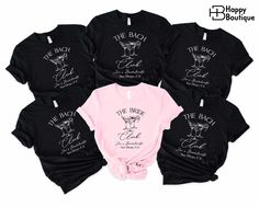 six shirts with the names of different types and designs on them, all in black and pink