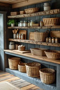 the shelves are filled with baskets and other items