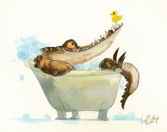 a drawing of an alligator in a bathtub with a rubber ducky sitting on it's back