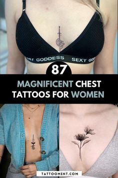 the different tattoos are shown on women's chest and chest, with text overlaying them