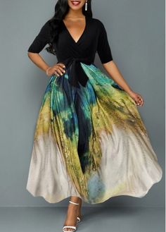 Size:L;Size:XXL;Size:M;Size:S;Size:XL;Color:Black;Sleeve's Length:Half Sleeve;Pattern Type:Tie Dye;Clothing Length:142.00;Neckline:V Neck;Decoration:V-Neck;Color Scheme:Black;Style:Elegant;Dress Length:Mid Calf;Washing Instructions:Hand Wash /Machine Washable;Season:Summer;Silhouette:High waist;Package Contents:1 X Dress , 1 X Belt;Composition:95%Polyester , 5%Spandex;Occasion:Party; Sukienki Maksi, Gaun Fashion, Fashion Dresses Online, Plunge Dress, Dress Sleeve Styles, Short Sleeve Maxi Dresses, Half Sleeve Dresses, Dresses Elegant, Maxi Dress With Sleeves