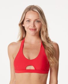 Alex Hybrid Top - Red – REVLY Solid Color Triangle Sports Bra, Sporty Padded Swimwear For Workout, Solid Sports Bra Triangle Top, Sports Halter Top With Built-in Bra, Sporty Bra-friendly Halter Top For Sports, Red Sports Bra With Built-in Bra For Summer, Red Sports Bra With Built-in Bra, Sporty Solid Swimwear With Removable Bra Pads, T-back Sports Bra With Removable Pads