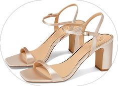 a pair of women's high heeled sandal with ankle strap and open toe