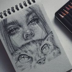 a pencil drawing of two cats and a woman's face