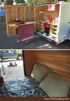 two pictures side by side one has a bed and the other has a small kitchen