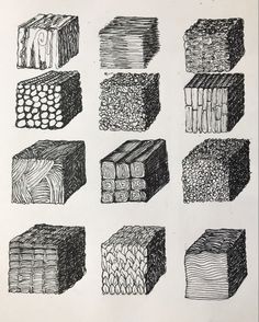 an image of different types of bricks drawn by hand in ink and pen on paper