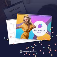 a calendar with a photo of a woman in a yellow dress and polka dots on it