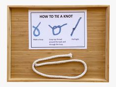 a wooden frame with rope and instructions on how to tie a knot