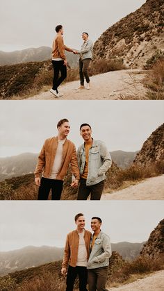 two men shaking hands on top of a mountain with mountains in the backgroud