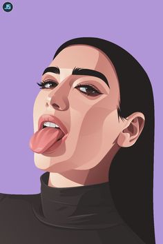 a woman sticking her tongue out in front of a purple background