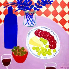 a painting of a plate with grapes and cheese on it next to a blue bottle