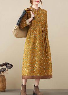 Art Yellow Stand Collar tie waist Print Lace Patchwork Dresses Long SleeveFabric: Cotton BlendedSize & Fit: Fit: This garment fits true to size.Length: Size L measures 44.46"from shoulder to hemBust: Great for any cup size. Waist: Loose Fit. Comfortable room throughout midsection.Hip: Loose Fit - room for hips. Hand Wash Cold. Casual Floral Patchwork Dresses For Fall, Fall Casual Dresses With Floral Patchwork, Spring Brown Dress With Tie Waist, Patchwork Dresses, Art Yellow, Lace Patchwork, Comfortable Room, Patchwork Dress, Dresses Long Sleeve