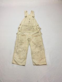 vintage 1950s bib overalls Bayly Union Made (Union cloth tag sewn into pocket) Sanforized natural white cotton canvas metal hardware adjustable straps apron waist double knee bucket front pockets donut button fly authentic age wear-see photos has been washed measures, lying flat, across top of bib-9 1/2" bib height-10 1/4" waist-18 1/2" rise-15" inseam-23" hem-11" hip-23" White Bib Front Overalls With Pockets, White Utility Overalls With Pockets, Cotton Pre-washed Overalls, Sewing Tags, Bib Overalls, Union Made, White Canvas, Vintage 1950s, Fashion Inspo Outfits