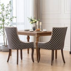 two chairs sitting at a table in front of a window