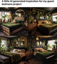 a collage of photos showing different rooms with plants and mirrors on the walls, including a bed