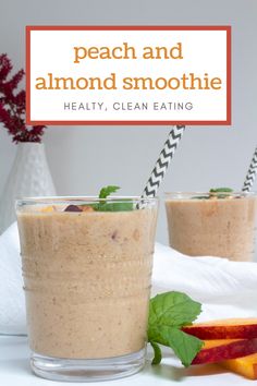 peach and almond smoothie in two glasses on a white table with fresh fruit next to it