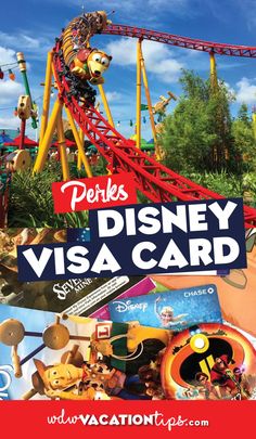 an advertisement for the disney visa card is shown in front of a roller coaster and other rides