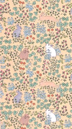 an animal themed wallpaper with rabbits in the grass and flowers on yellow background,