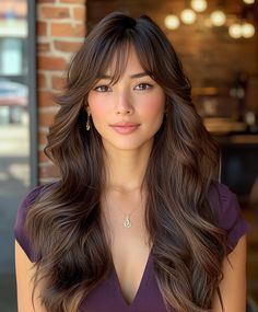 Trendy Side-Swept Bangs with Dark Fall Hair Colors Asian 🍁 Elegant Hair With Bangs, Honey Dark Brown Hair, Asian With Brown Hair, Asian Side Bangs, Long Hair With Side Swept Bangs, Side Part With Bangs, Side Swept Bangs Long Hair, Bang Inspiration, Hair Side Swept