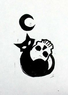 a black and white drawing of a cat with a half moon