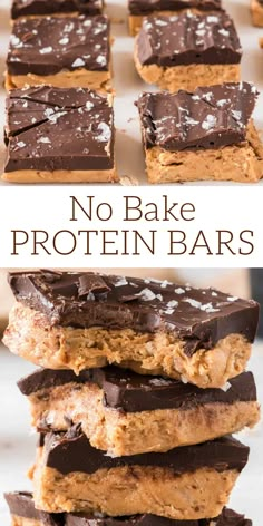 no bake protein bars stacked on top of each other with the words, no bake protein bars