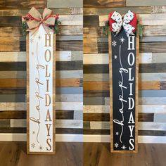 two wooden signs with holiday decorations on them