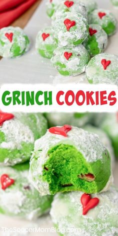 green cookies with red hearts on them and the title overlay reads, grin cookies