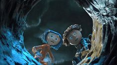 an animated scene of two people in a cave, one looking at the other side