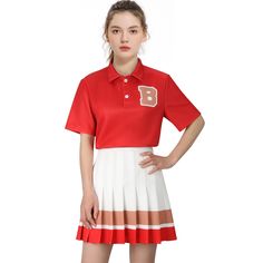 PRICES MAY VARY. Halloween Women's Short-sleeved T-Shirt Cheerleader Uniform Girls Red Polo Shirts Bayside School Student Tops Pleated Skirt Adult Suits Material:made of polyester,comfortable and breathable,wear-resistant fabric and not easy to pilling,red short sleeve t-shirt with button up could be looked as polo or pullover,the white pleated skirt has a waist elasticity,meet most people needs,the zipper on the broadside is easy to take it on or off,this cheer leader uniform sets is fashionabl Cheerleader Costume, White Pleated Skirt, Cheerleading Uniforms, Red Polo Shirt, Saved By The Bell, Costume Themes, Red Shorts, Cosplay Outfits, Halloween Women