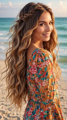 Boho Hairstyles Long Hair, Beach Hair For Wedding, Beach Bridesmaid Hair Half Up, Braid Beach Hairstyles, Long Hairstyle Braid, Hairstyles For Beach Photoshoot, Long Hair Wedding Styles Braid, Beach Waves With Braids Hairstyles, Braided Hair Styles For Wedding