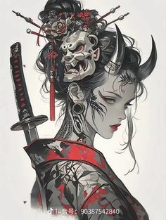 Amaterasu Tattoo Goddesses, Female Artworks Spicy, Female Samurai Tattoo, Japanese Geisha Drawing, Female Samurai Art, Geisha Drawing, Geisha Tattoos, Oni Mask Tattoo, Geisha Tattoo Design