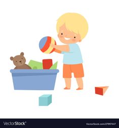 a little boy playing with blocks and a teddy bear