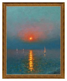 an oil painting of sailboats in the ocean at sunset, with a golden frame