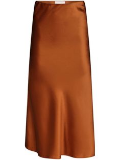 burnt orange satin finish bias cut concealed side zip fastening mid-length straight hem Rust Silk Skirt, Burnt Orange Satin Skirt Outfit, Formal Silk Midi Pencil Skirt, Chic Orange Knee-length Skirt, Chic Knee-length Orange Skirt, Elegant Orange Skirt For Work, Burnt Orange Clothes, Orange Satin Skirt, Burnt Orange Skirt