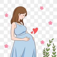 a pregnant woman in a blue dress standing next to a plant with hearts on it