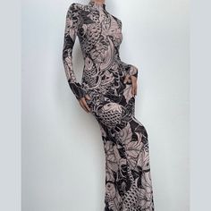 Please refer to our sizing chart for a guideline when choosing a size. 5 business days order processing time. 90% polyester 10% spandex. Fitted Black Maxi Dress With Mesh Sleeves, Fitted Long Sleeve Maxi Dress With Sheer Sleeves, Stretch Maxi Dress With Sheer Sleeves, Chic Fitted Maxi Dress With Mesh Sleeves, Fall Maxi Dress With Sheer Sleeves, Sheer Fitted Maxi Dress With Long Sleeves, Fitted Long Sleeve Sheer Maxi Dress, Sheer Maxi Dress For Fall, Fall Sheer Maxi Dress