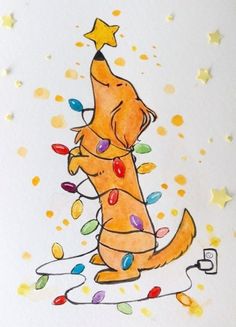 a drawing of a dog with christmas lights