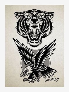 two black and white tattoos with an eagle and tiger on the front, one in the middle