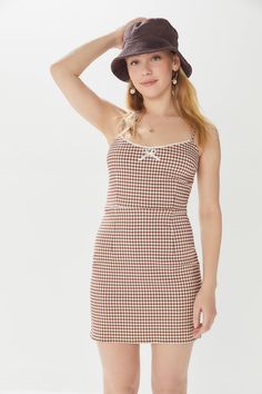 UO Tahoe Gingham Stretch Mini Dress | Urban Outfitters Beautiful Boho Dresses, Gingham Mini Dress, Brown Gingham, Tight Mini Dress, Clueless Outfits, 90s Dress, Urban Dresses, Gingham Dress, Mini Dresses Summer