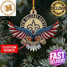 the new orleans saints ornament is hanging on a christmas tree with two fast delivery stickers