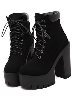 Black Chunky High Heel Hidden Platform Boots Chunky Black Boots, Short Heel Boots, قلادات متدلية, Lace Up Heel Boots, Short Black Boots, Platform Boots Chunky, Black Lace Up Boots, Dr Shoes, Ankle Boots Women