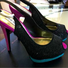 Brand New, Sling Back Platform Shoes Embellished With Beautiful Multi Color Hand Set Sparkle Stones, Wear For Any Special Occasion Or Dress Up A Pair Of Jeans With These Showstoppers! Multicolor Black, Blue, Pink. Pink Embellished Slingback Heels, Pink Slingback Heels With Rhinestones, Party Embellished Slip-on Heels, Steve Madden Black Heels, Sling Back Shoes, Metallic High Heels, Yellow Pumps, Silver Strappy Heels, Gladiator High Heels