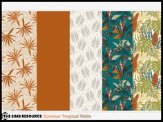 four different tropical wallpapers with orange, green and white designs on the sides