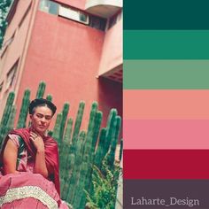 a woman in a pink dress sitting on a bench next to a tall cactus plant