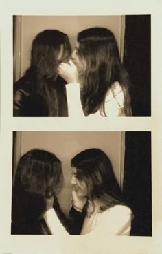 two young women are kissing each other in black and white photos, one is holding her face to the other's chest